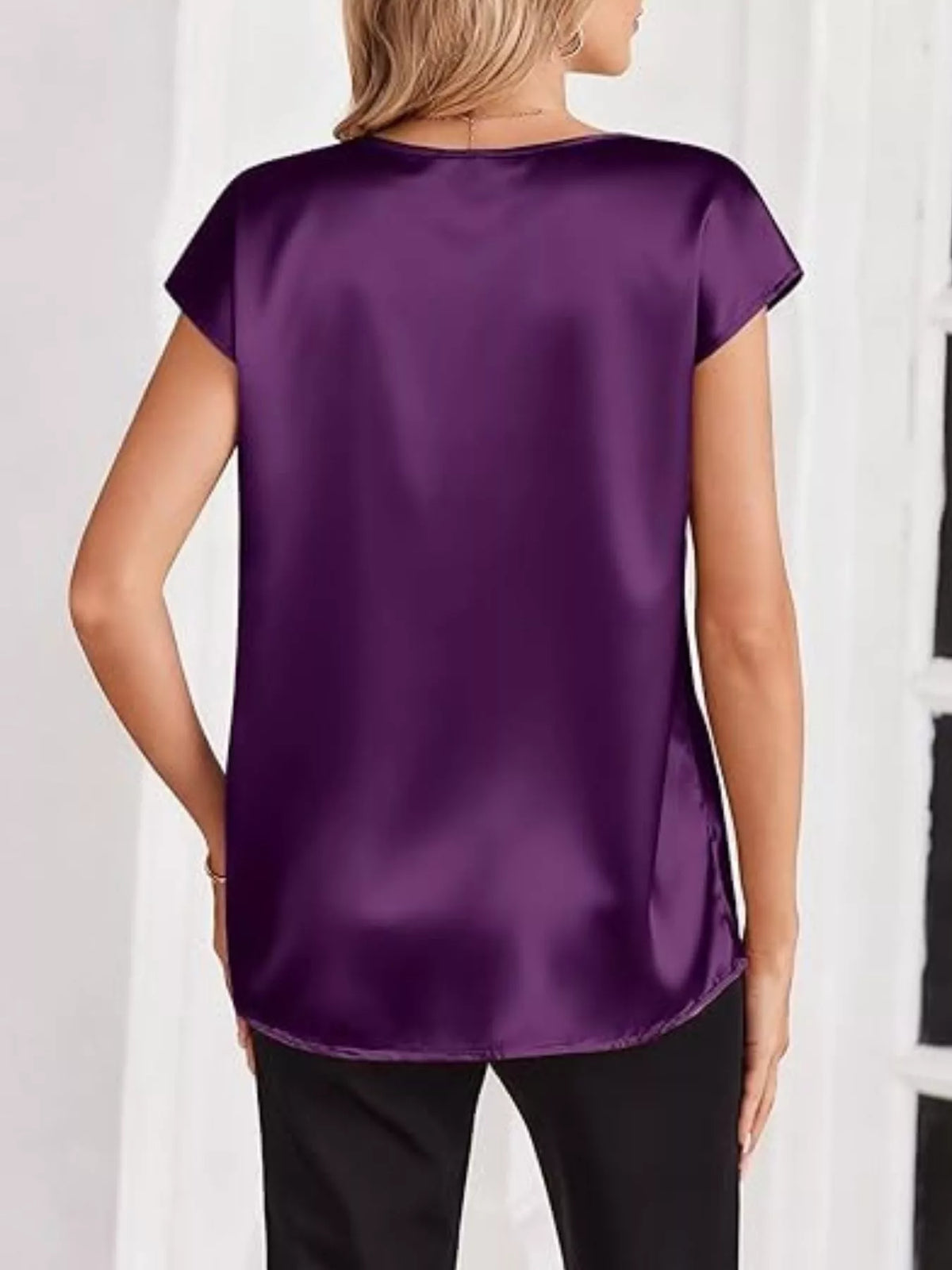 Satin V-Neck Short Sleeve Blouse - Lilixa.store