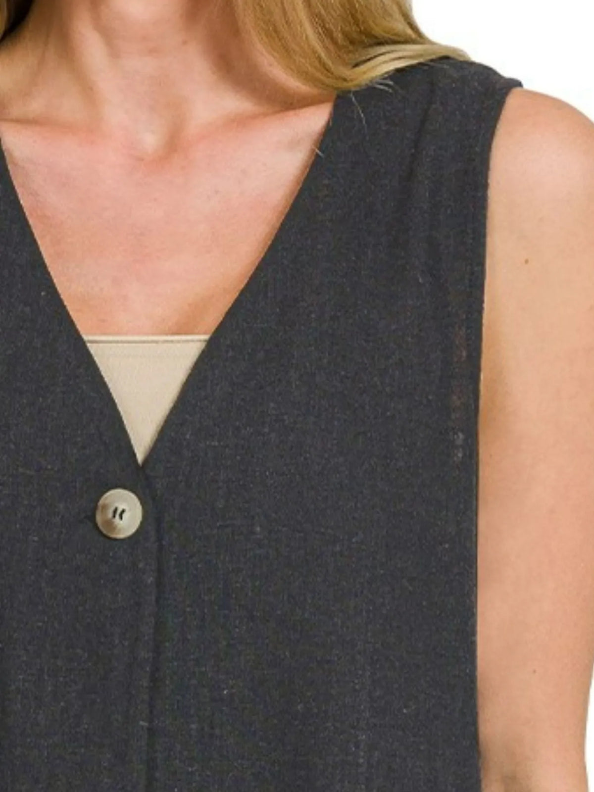 Zenana Side Slit Button-Front Vest in Black, view 2