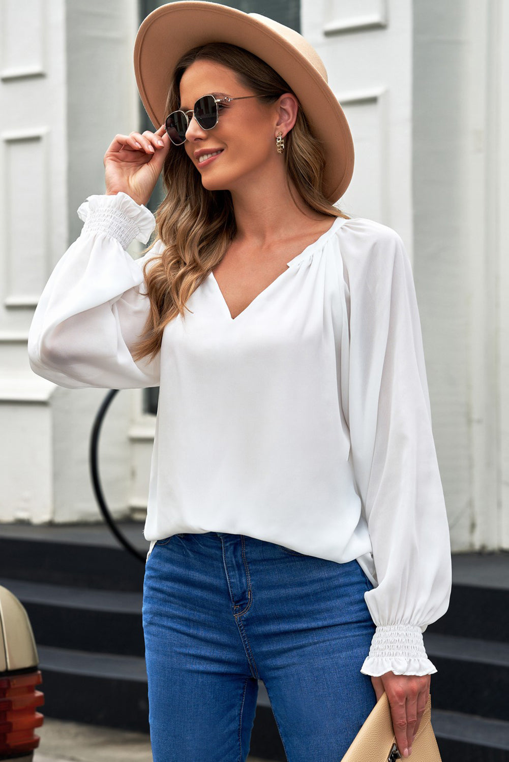 Notched Neck Lantern Sleeve Blouse, view 4