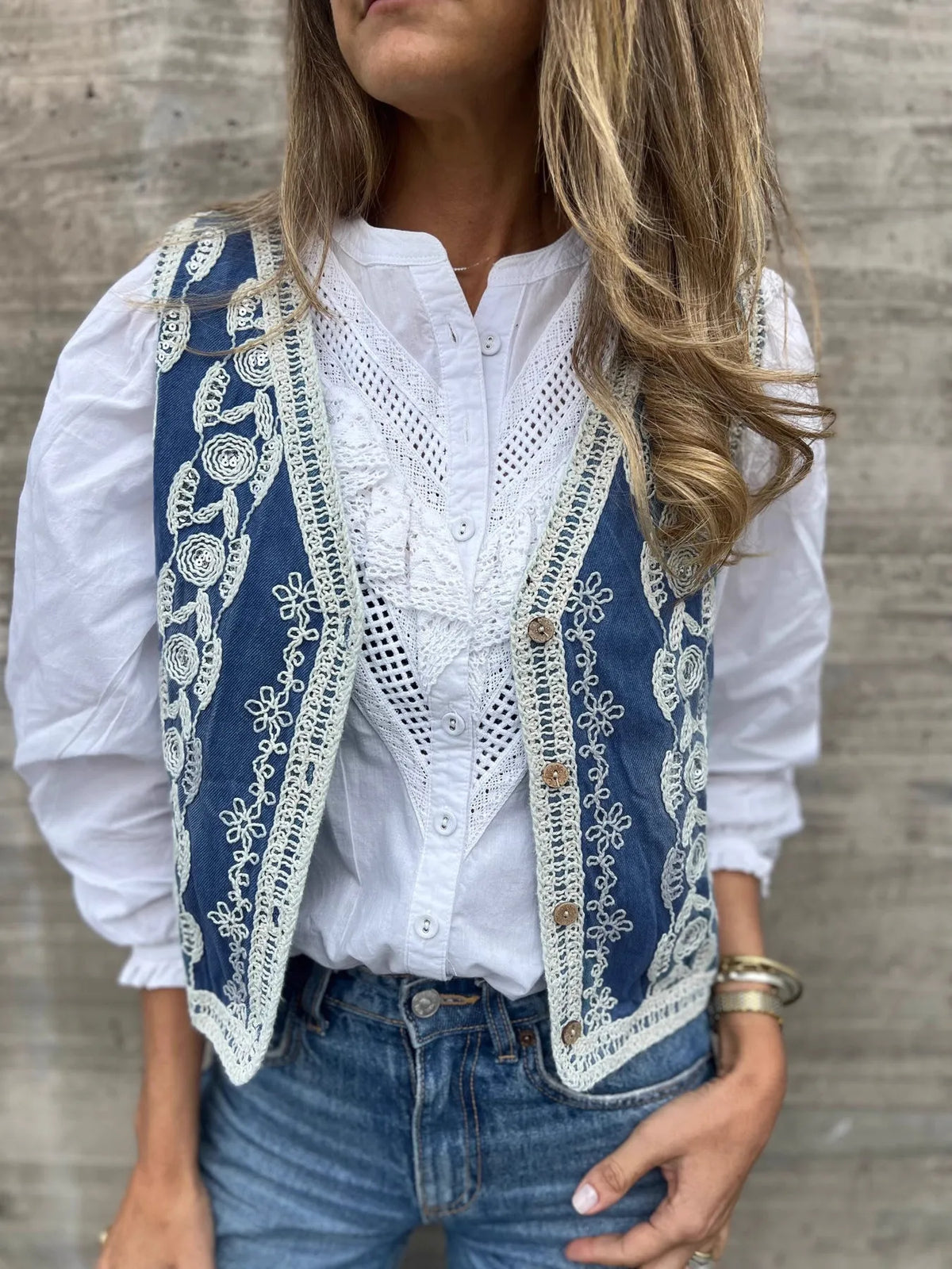 Embroidered Button Up V-Neck Vest Coat in Blue