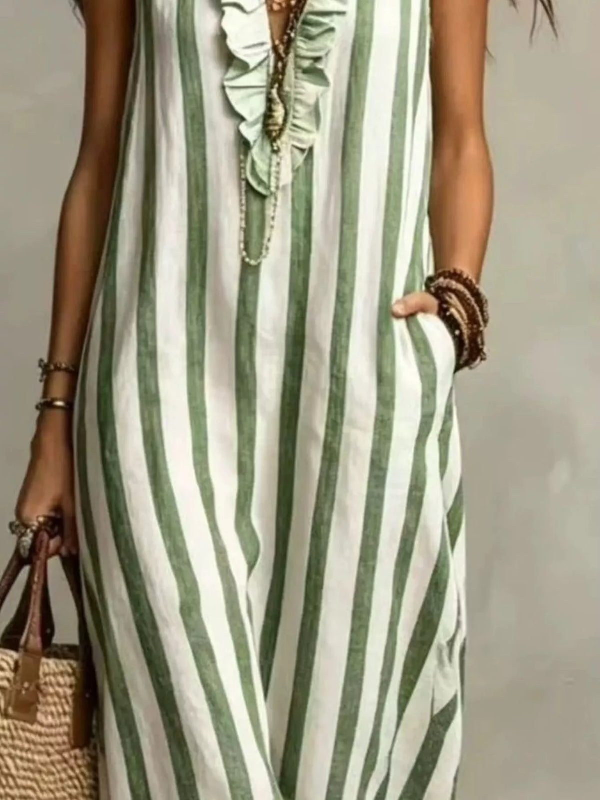 Full Size Sleeveless Striped Ruffle V-Neck Maxi Dress Plus Size - Lilixa.store