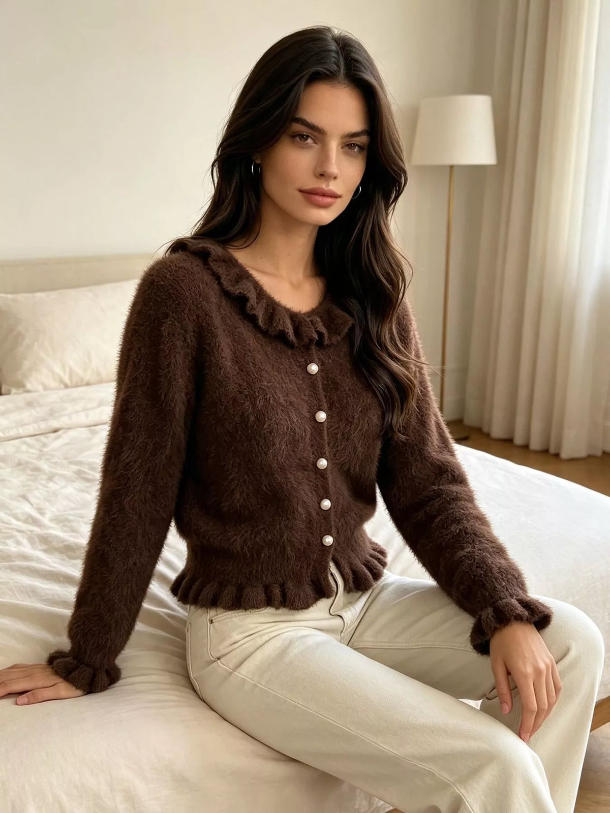 Soft Fuzzy Cardigan with Ruffled Collar and Pearl Buttons, view 12