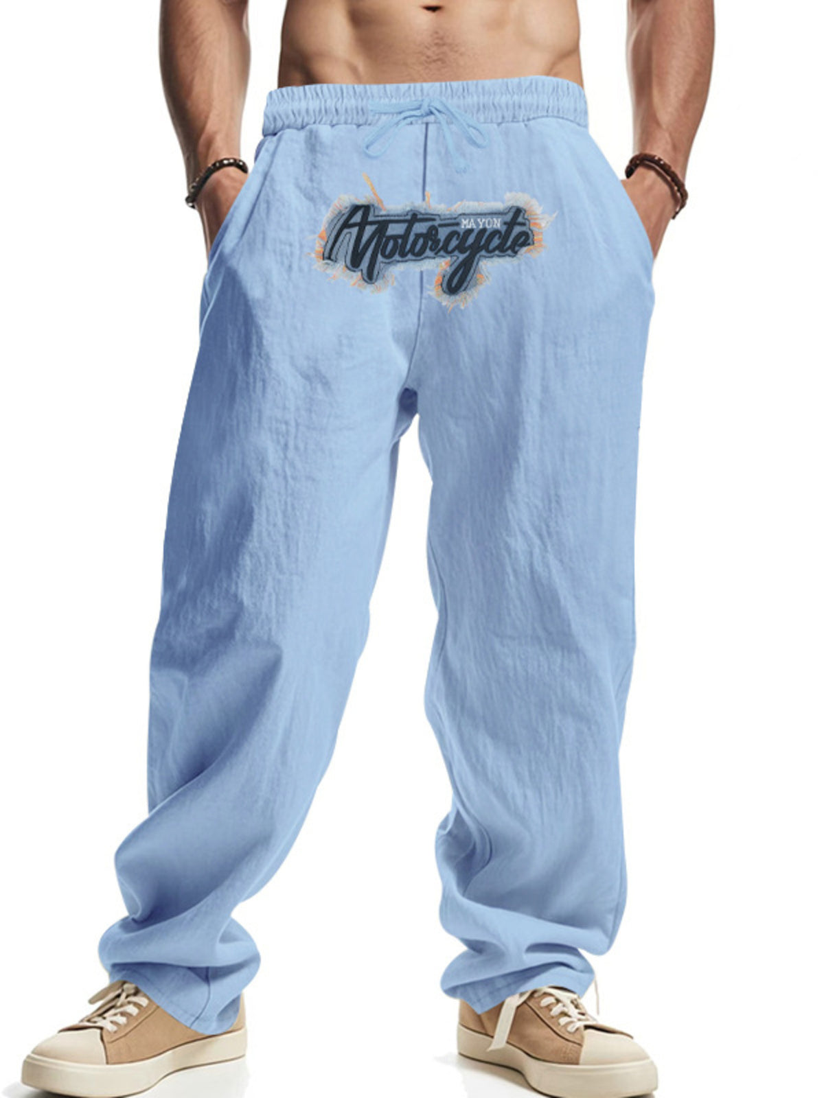 Men's Full Size Drawstring Letter Casual Pants Plus Size in Light Blue
