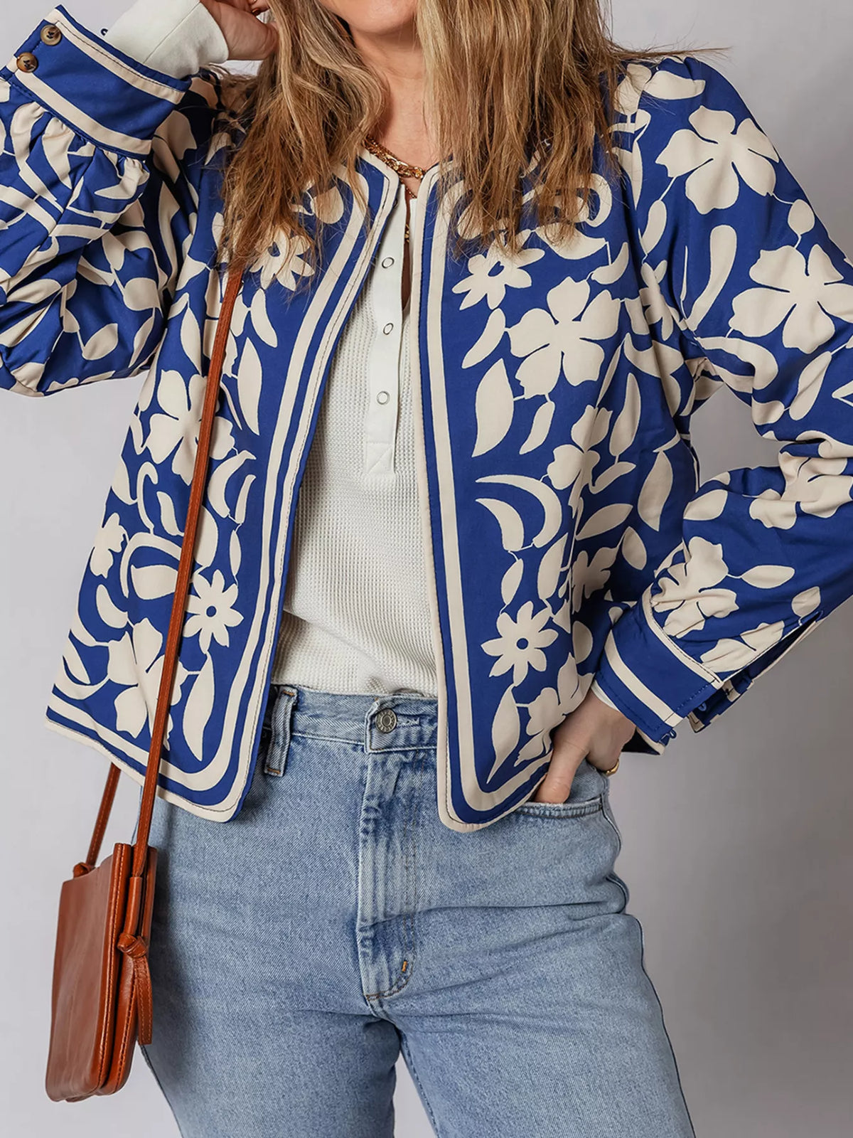 Flower Print Open Front Buttoned Cuffs Elegant Jacket in Dusty Blue