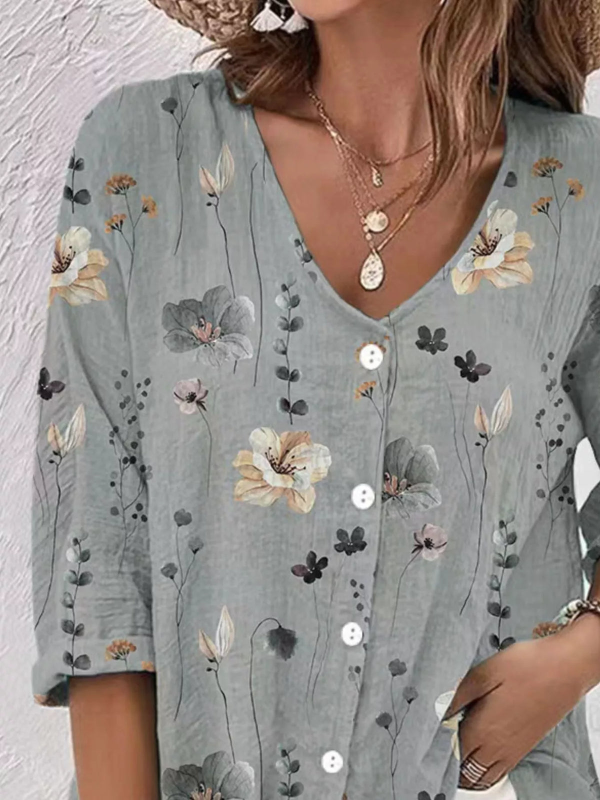 Floral Print V-Neck Button-Down Shirt - Lilixa.store