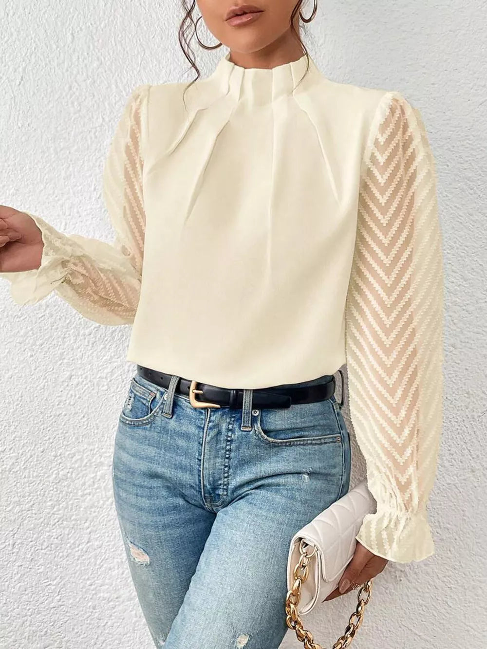 Mock Neck Flounce Sleeve Blouse - Lilixa.store