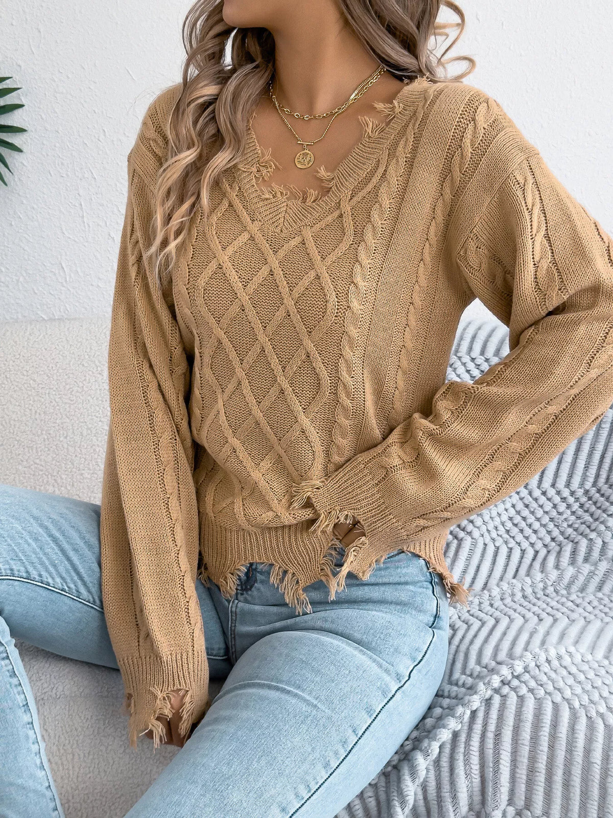 V-Neck Distressed Hem Cable Knit Sweater - Lilixa.store