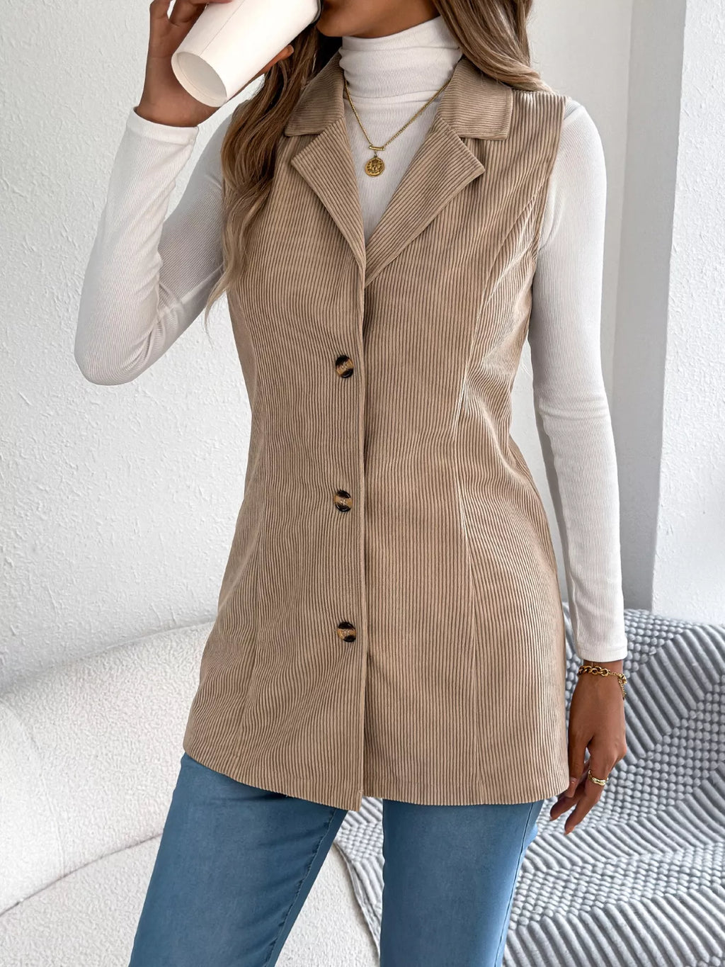 Button-Front Longline Vest Coat - Lilixa.store