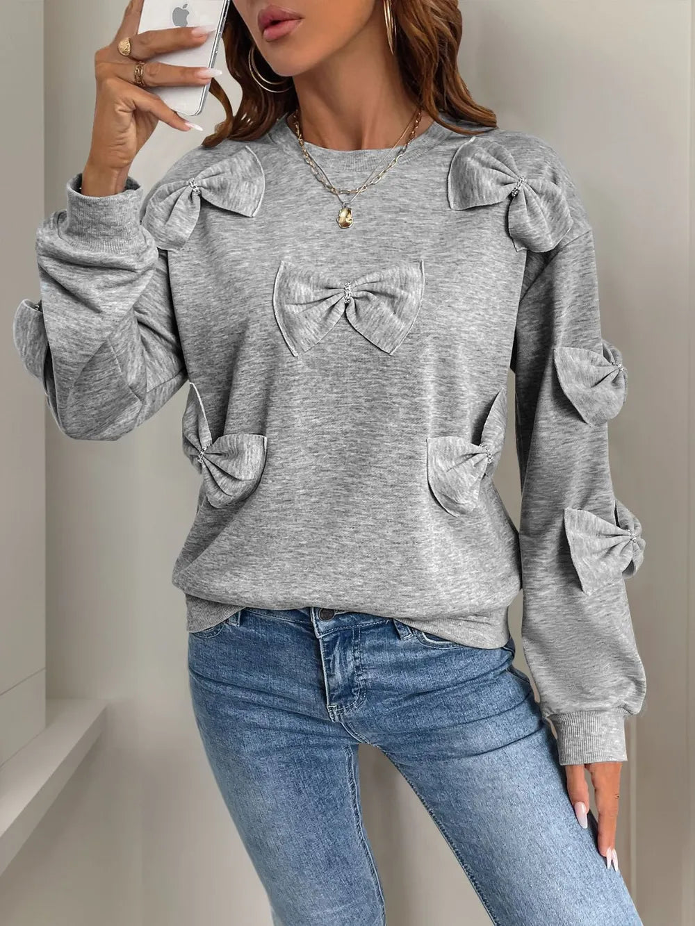 Perfee Bow Round Neck Long Sleeve Sweatshirt - Lilixa.store