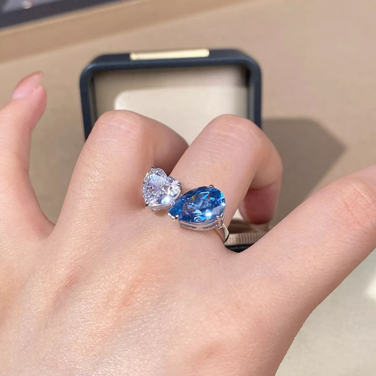 Heart and Teardrop Shaped Dual-Stone Open Ring - Lilixa.store