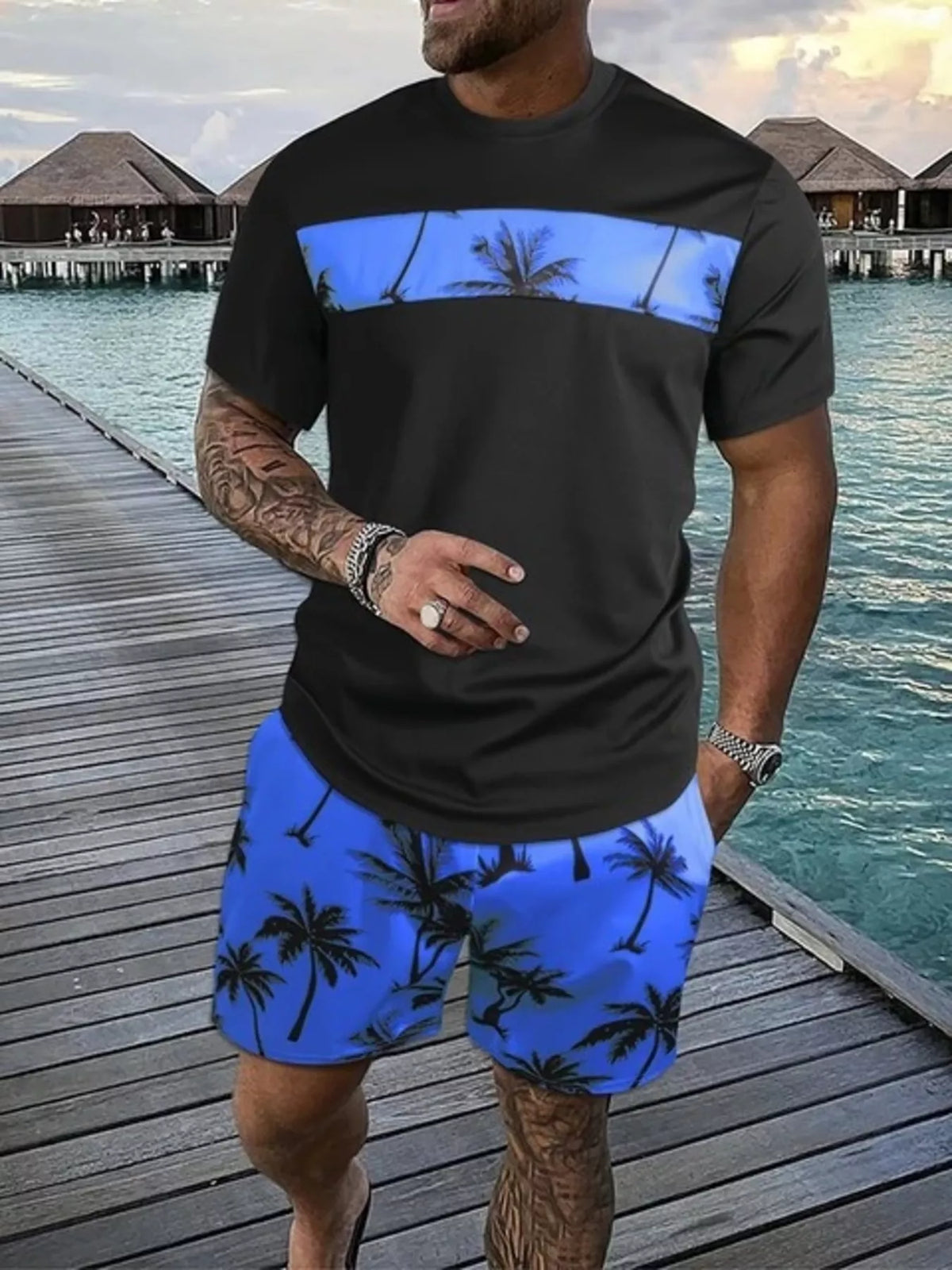 Men's Full Size Tropical Palm Tree Tee and Shorts Set Plus Size - Lilixa.store