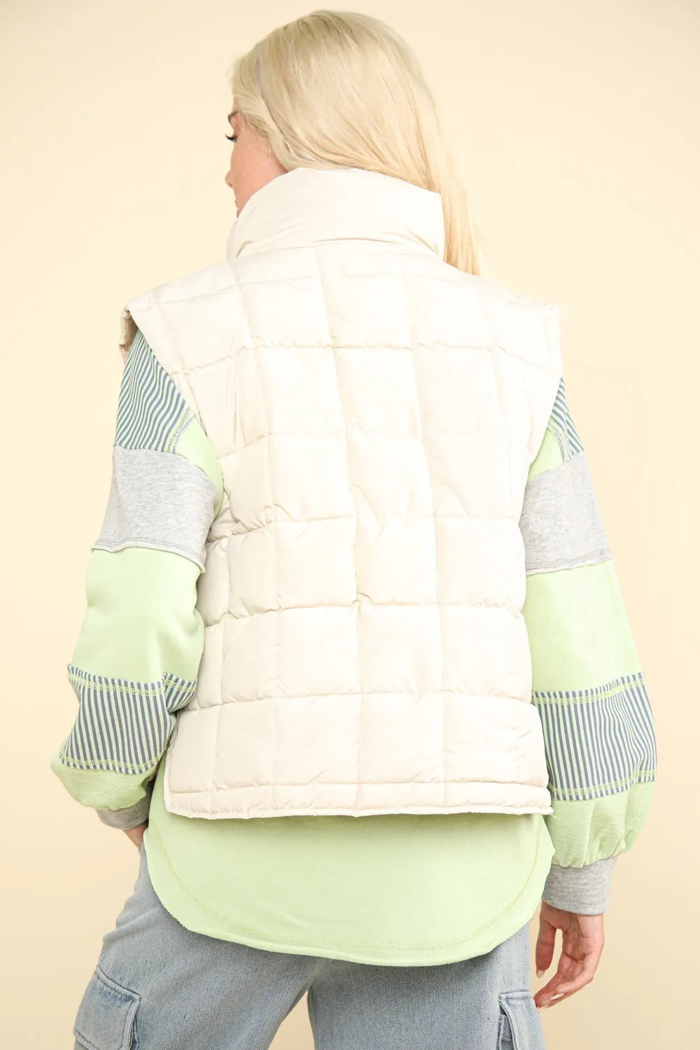 VERY J Zip Up Puffer Padded Warm Vest in Ivory, view 2