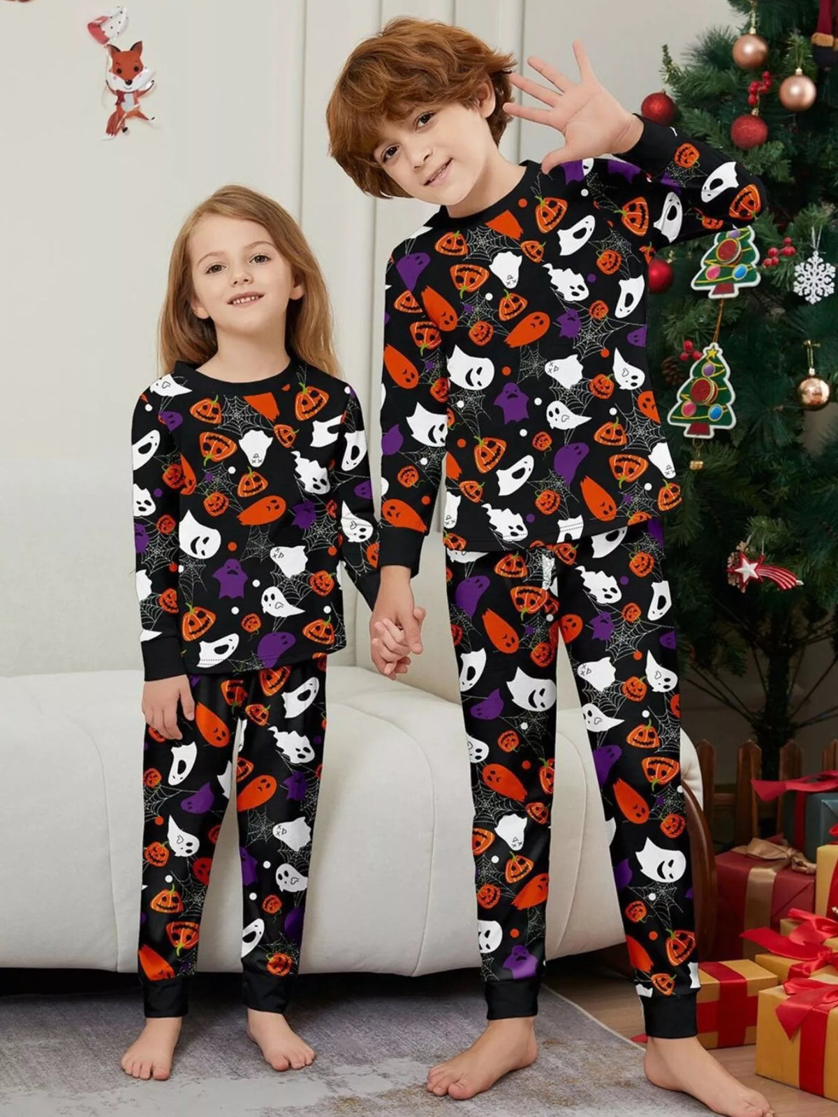 Full Size Halloween Themed Family Matching Pajama Set with Ghost and Pumpkin Print Plus Size