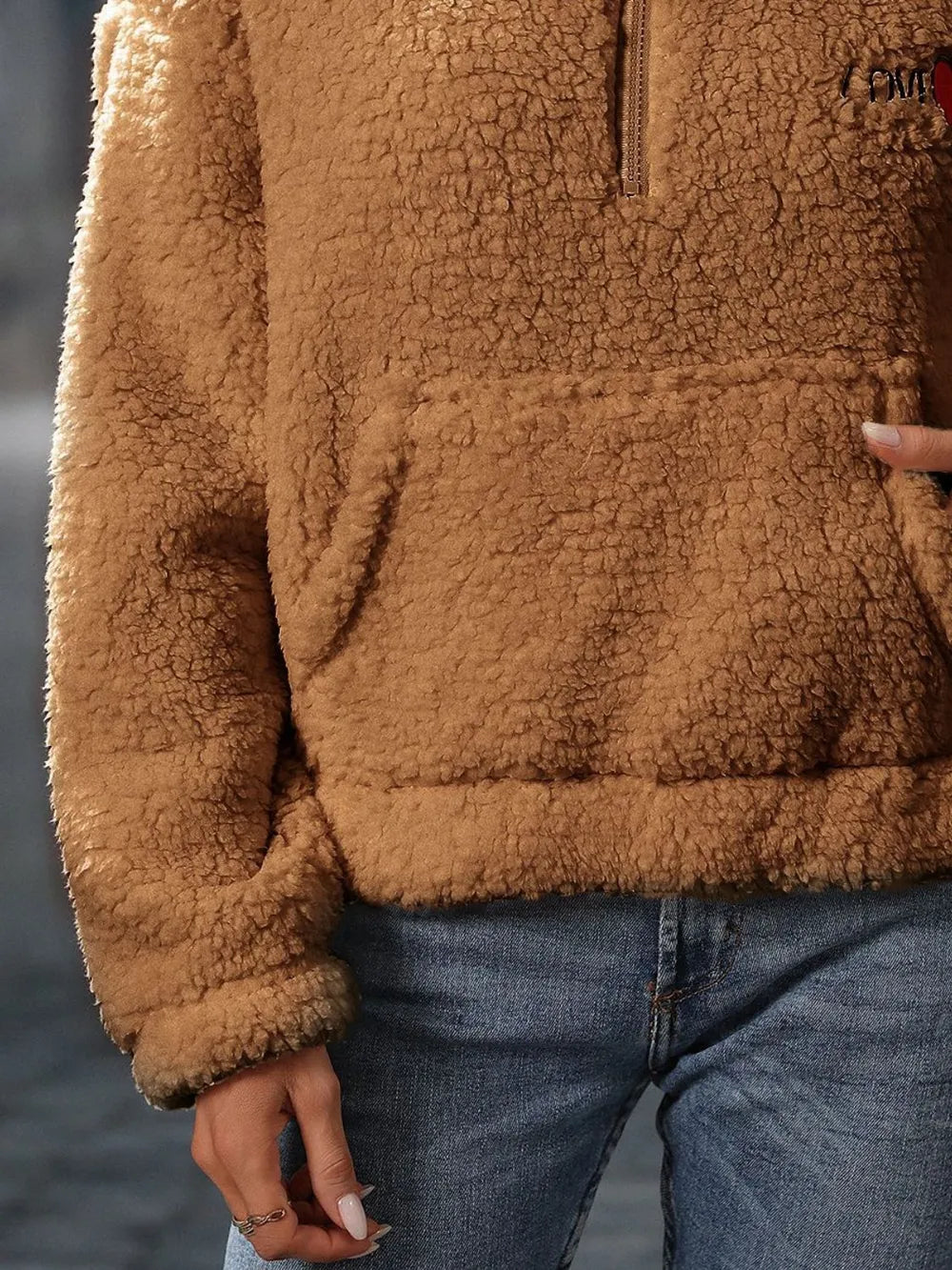 Heart Half Zip Long Sleeve Teddy Sweatshirt - Lilixa.store