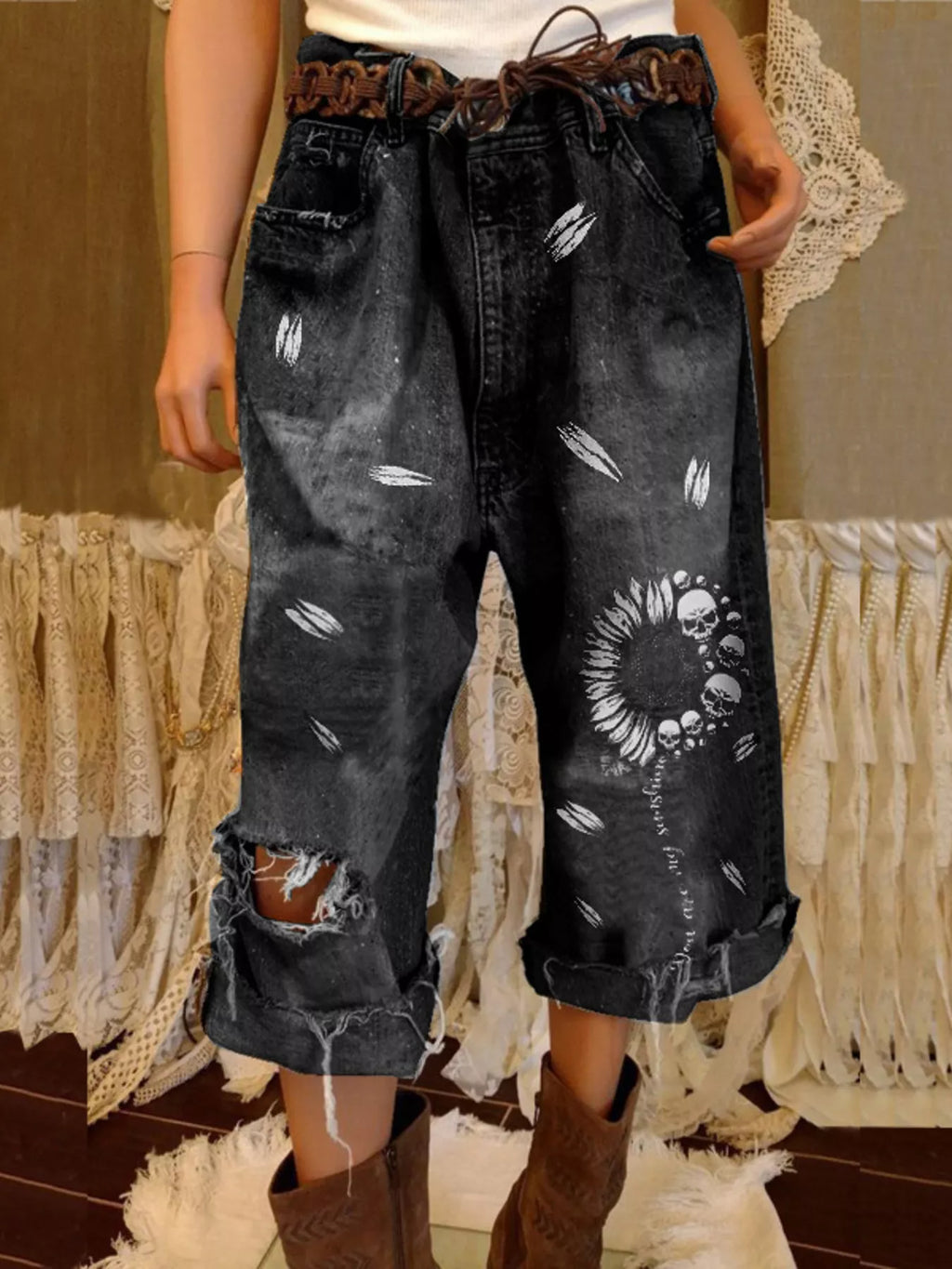 Full Size Distressed Skull Print Jeans Plus Size - Lilixa.store