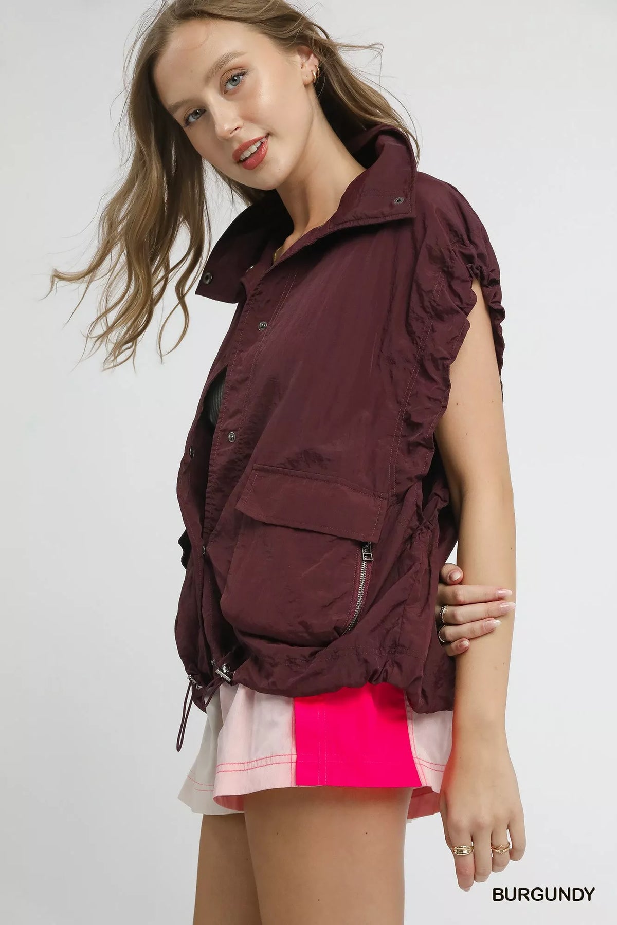 Umgee Drawstring Hem Nylon Vest with Pockets - Lilixa.store
