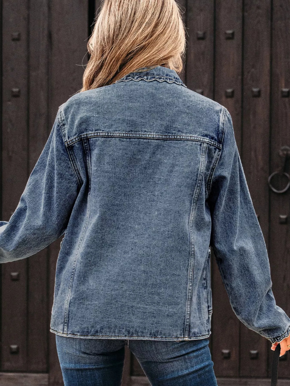 Scallop Trim Collar Patched Pocket Button Up Denim Jacket, view 14