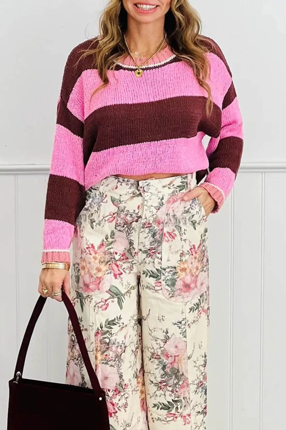 Striped Drop Shoulder Long Sleeve Pullover Regular Fit Knit Sweater