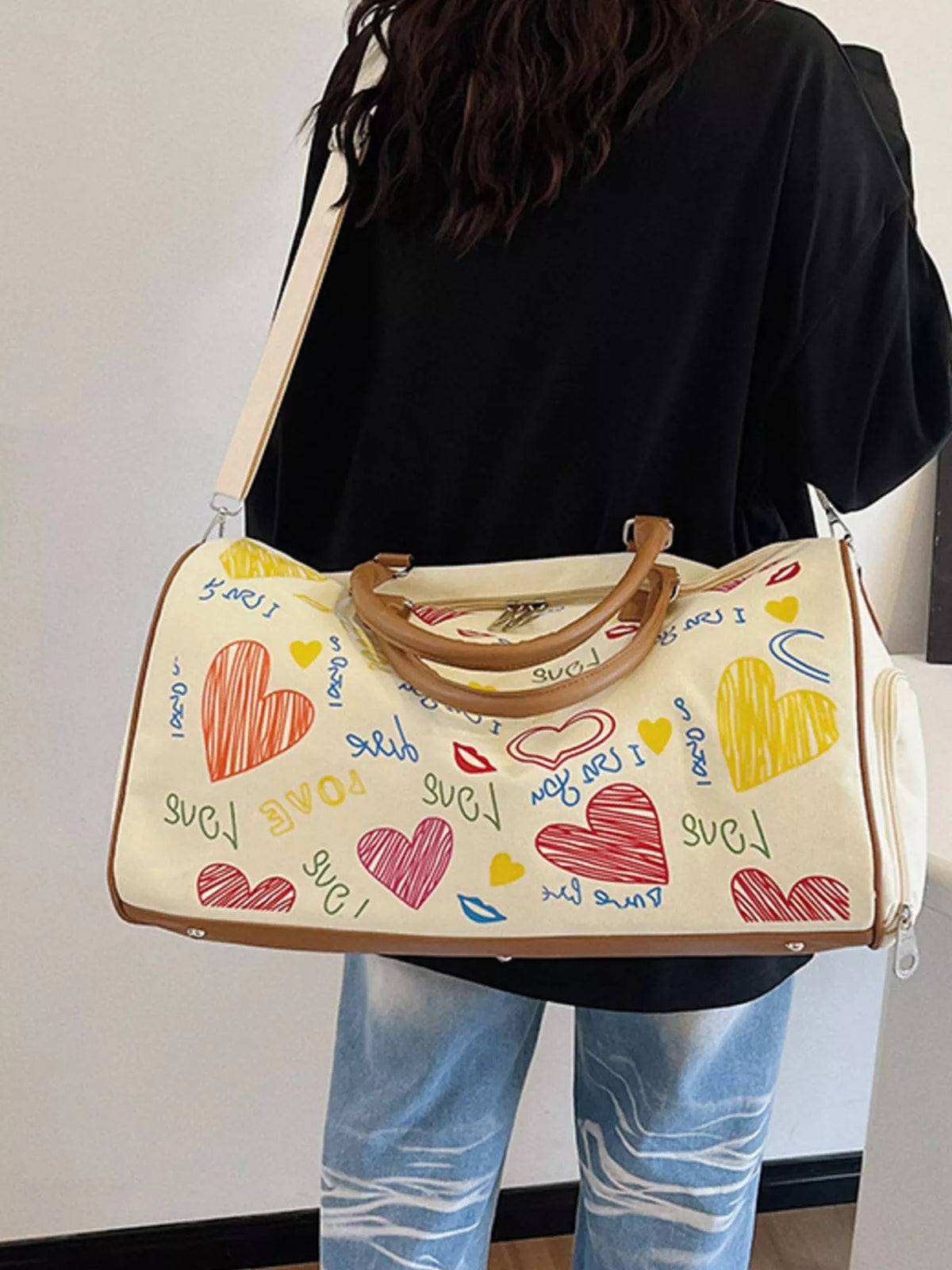 Printed Duffel Bag with Adjustable Strap in Off-white, view 4