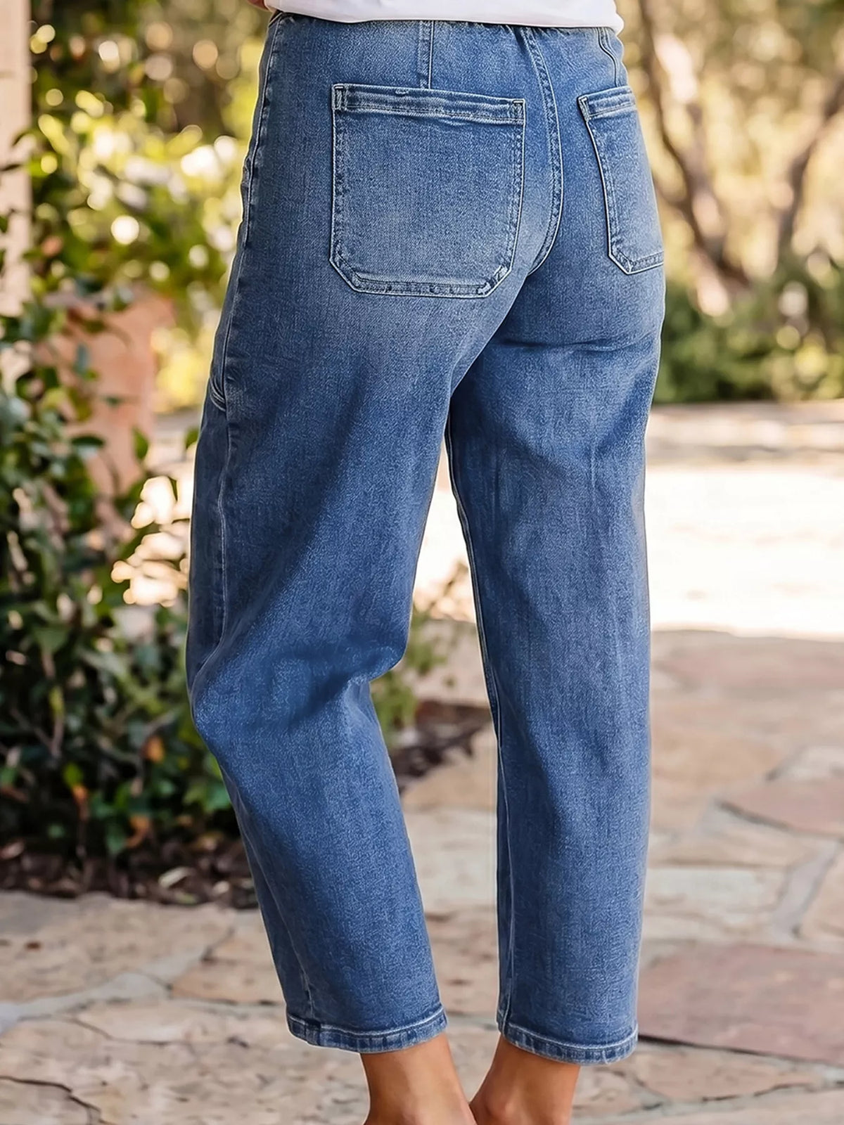 Drawstring Waist Ankle Length Casual Jeans Regular Fit Pocket Detail Jeans - Lilixa.store