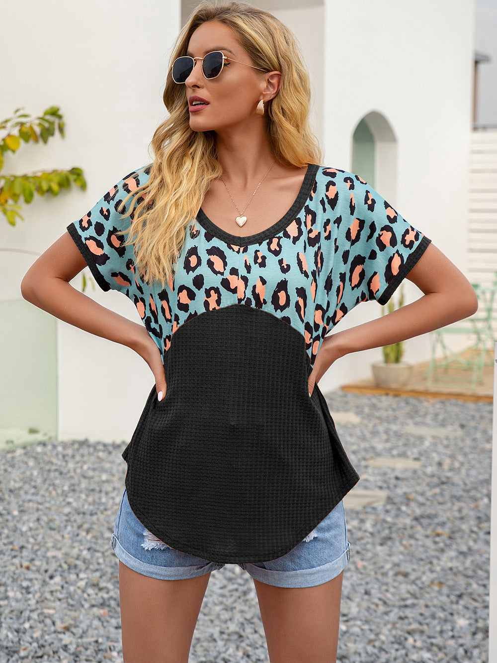 Ivy Lane Leopard Waffle-Knit Short Sleeve Top - Lilixa.store