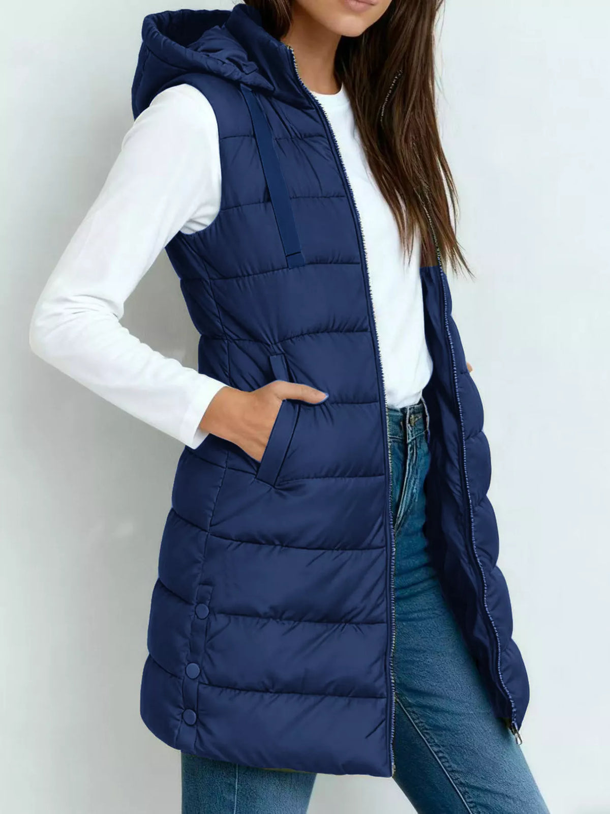 Zip Up Longline Hooded Puffer Vest Coat - Lilixa.store