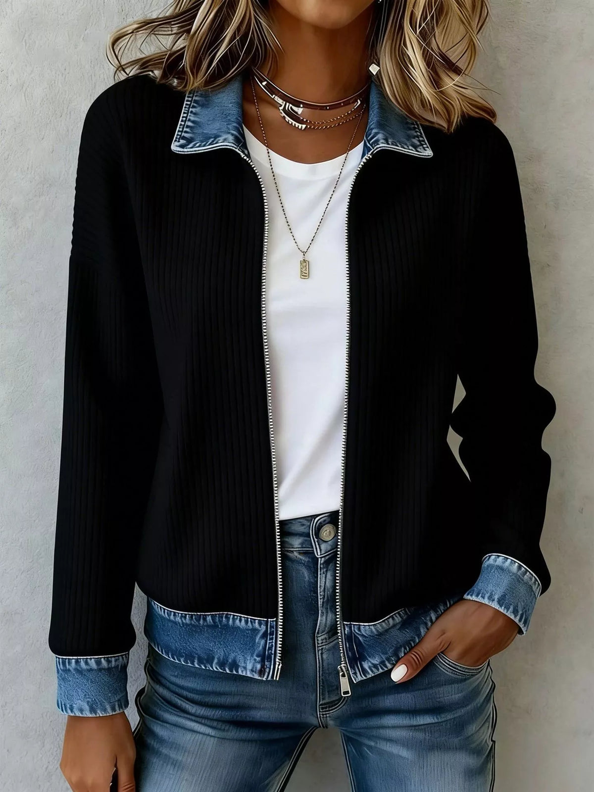 Contrast Denim Collar Ribbed Knit Jacket - Lilixa.store