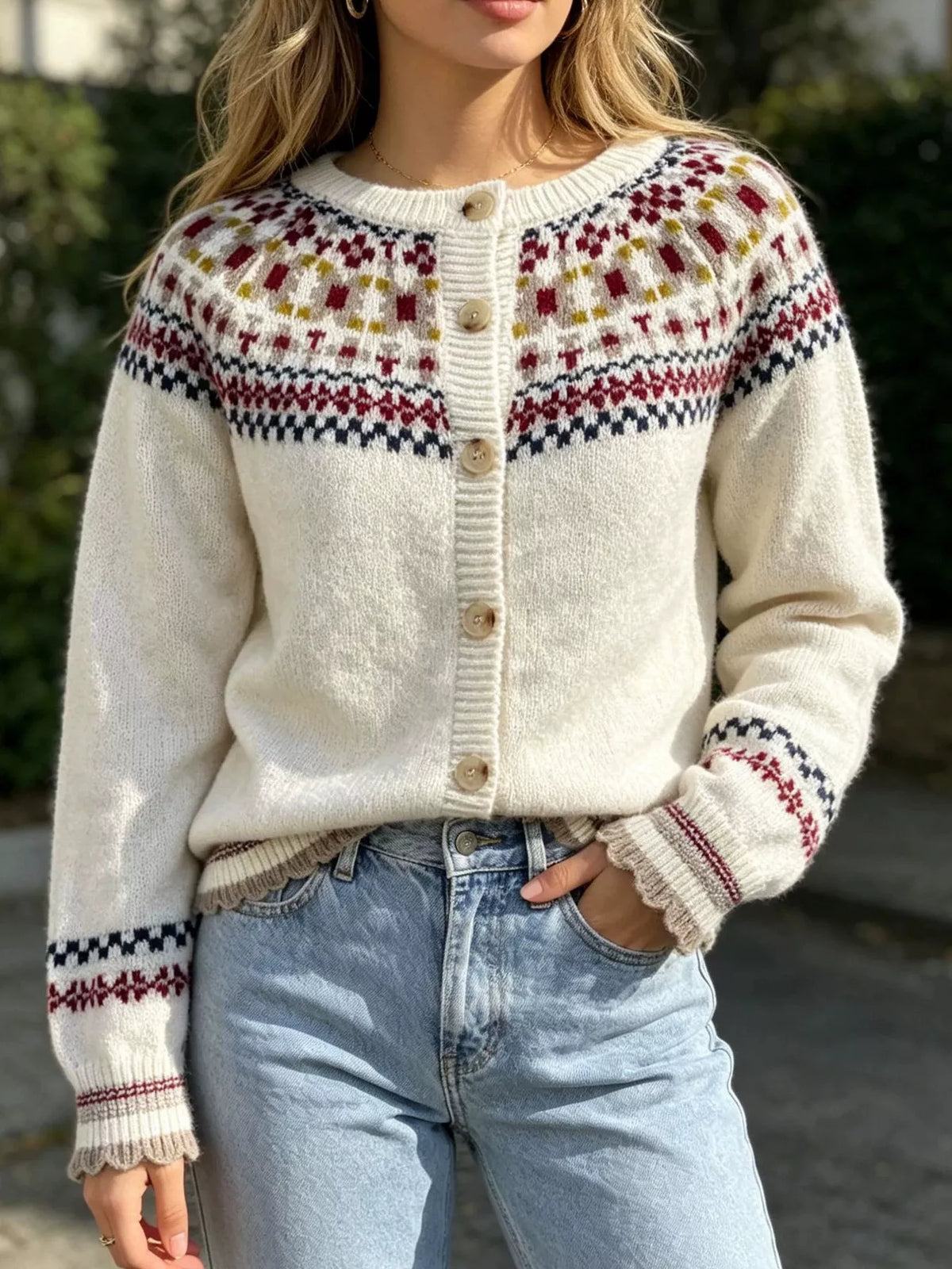 Fair Isle Patterned Button-Down Knit Cardigan in Off-white, view 3