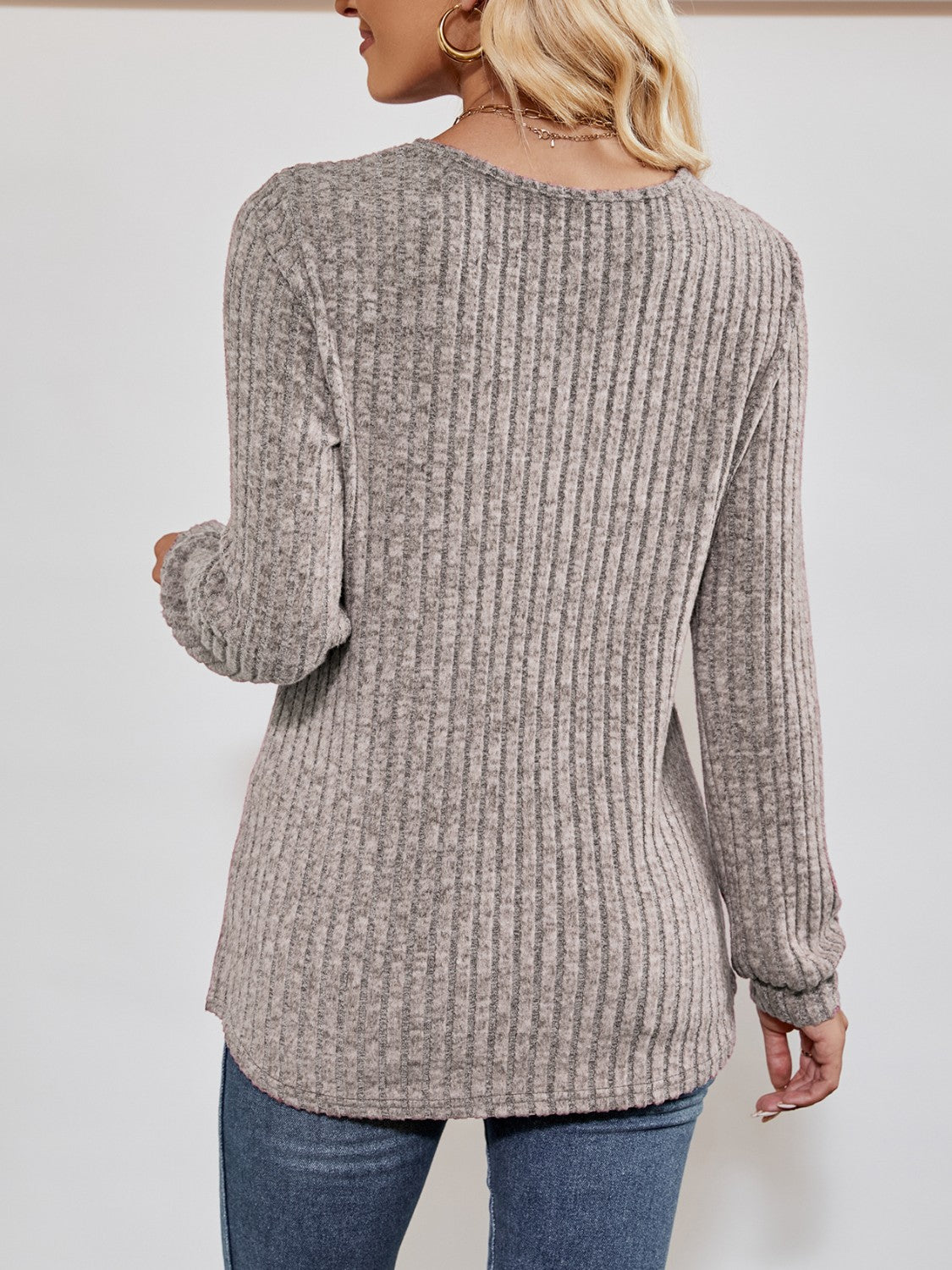 V-Neck Ribbed Long Sleeve Top - Lilixa.store