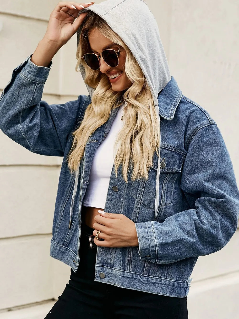 Drawstring Hooded Button Up Denim Jacket - Lilixa.store