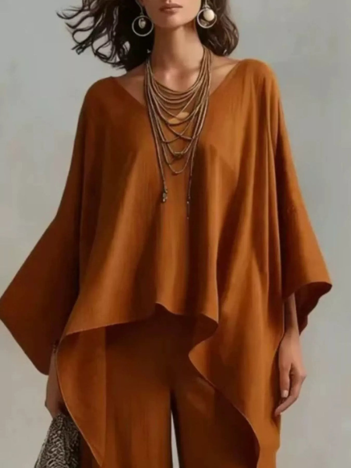 Loose Fit V-Neck Top and Pants Two-Piece Set