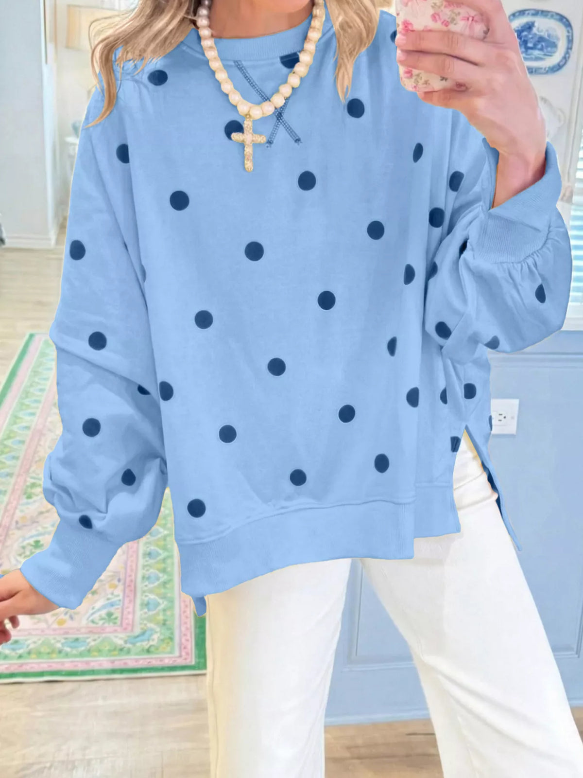 Side Slit Polka Dot Oversized Sweatshirt - Lilixa.store