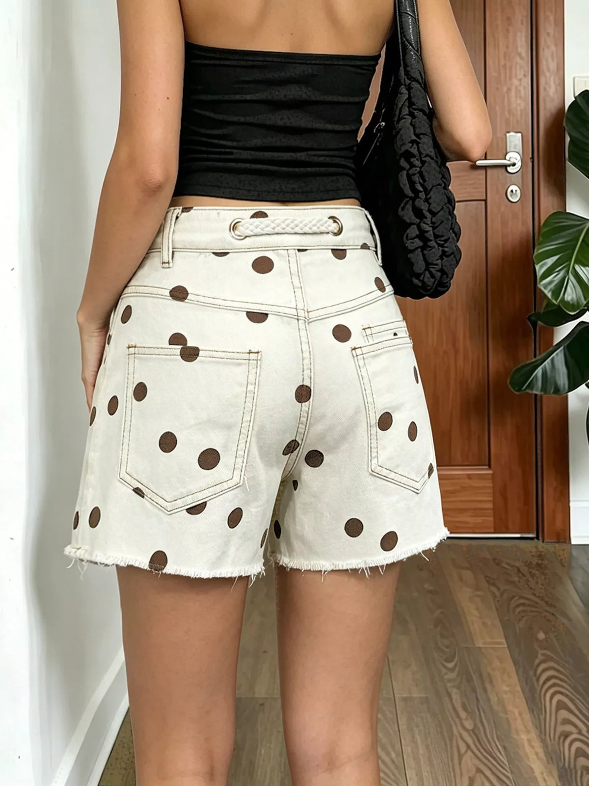 Polka Dot Denim Shorts with Braided Drawstring - Lilixa.store