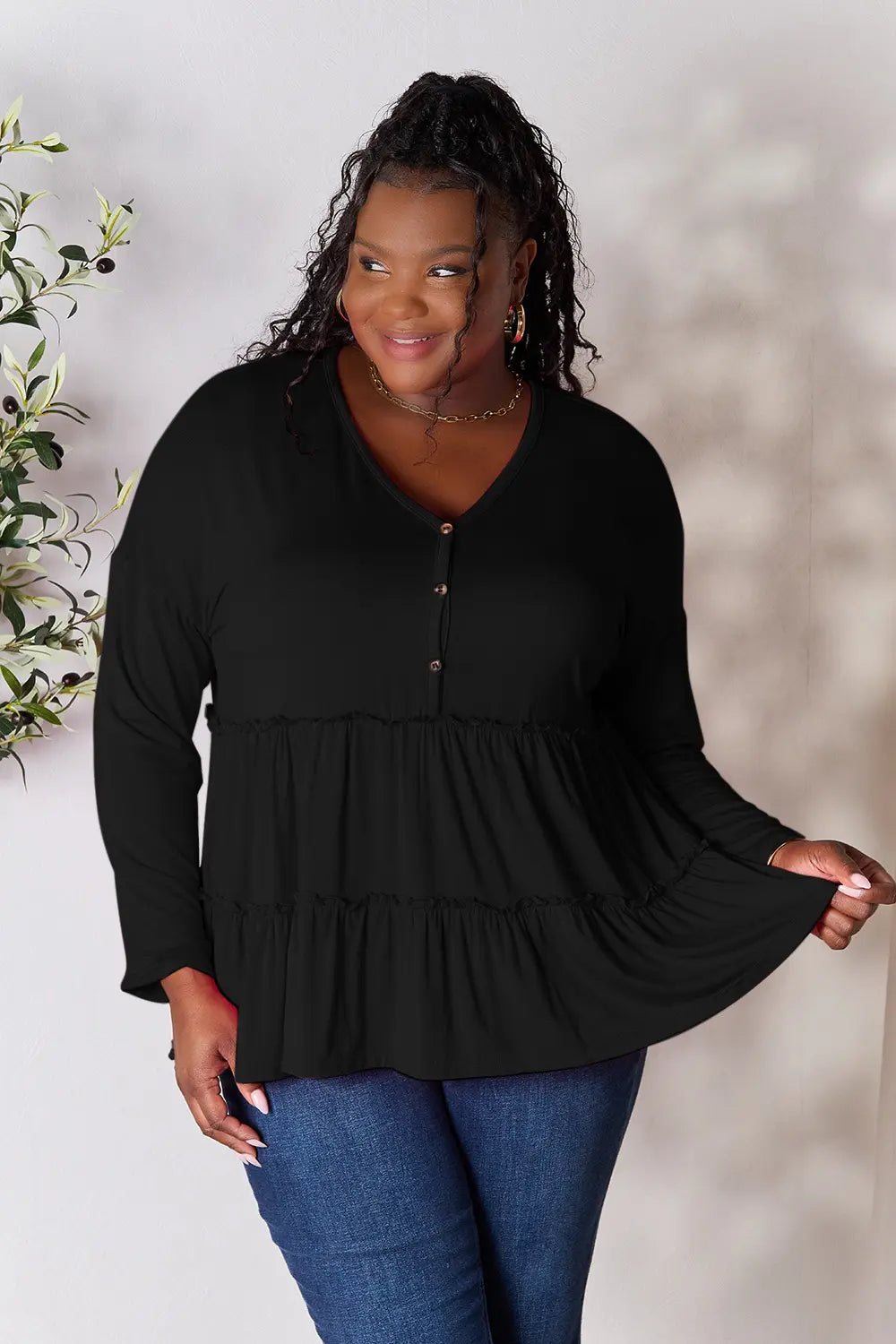 Double Take Half Button Long Sleeve Ruffle Hem Blouse - Lilixa.store
