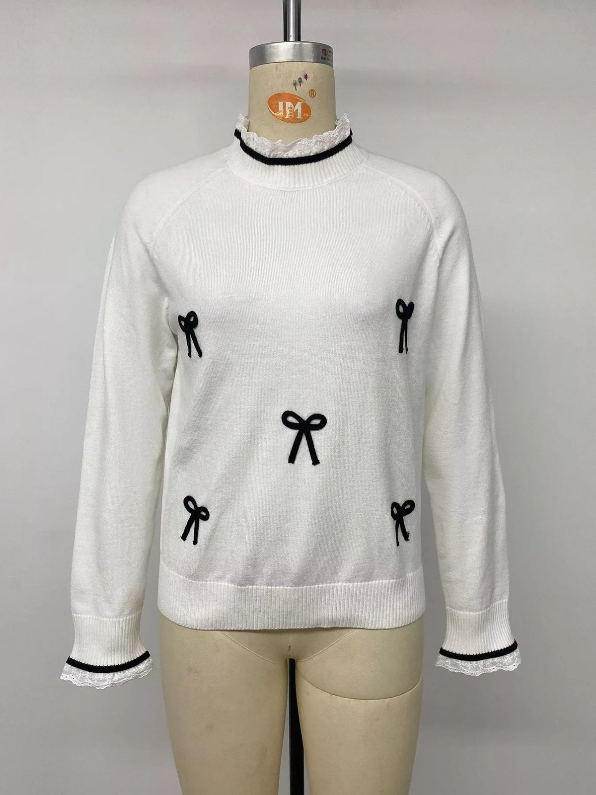 Bow-Embellished Lace Trim Sweater in White, view 8