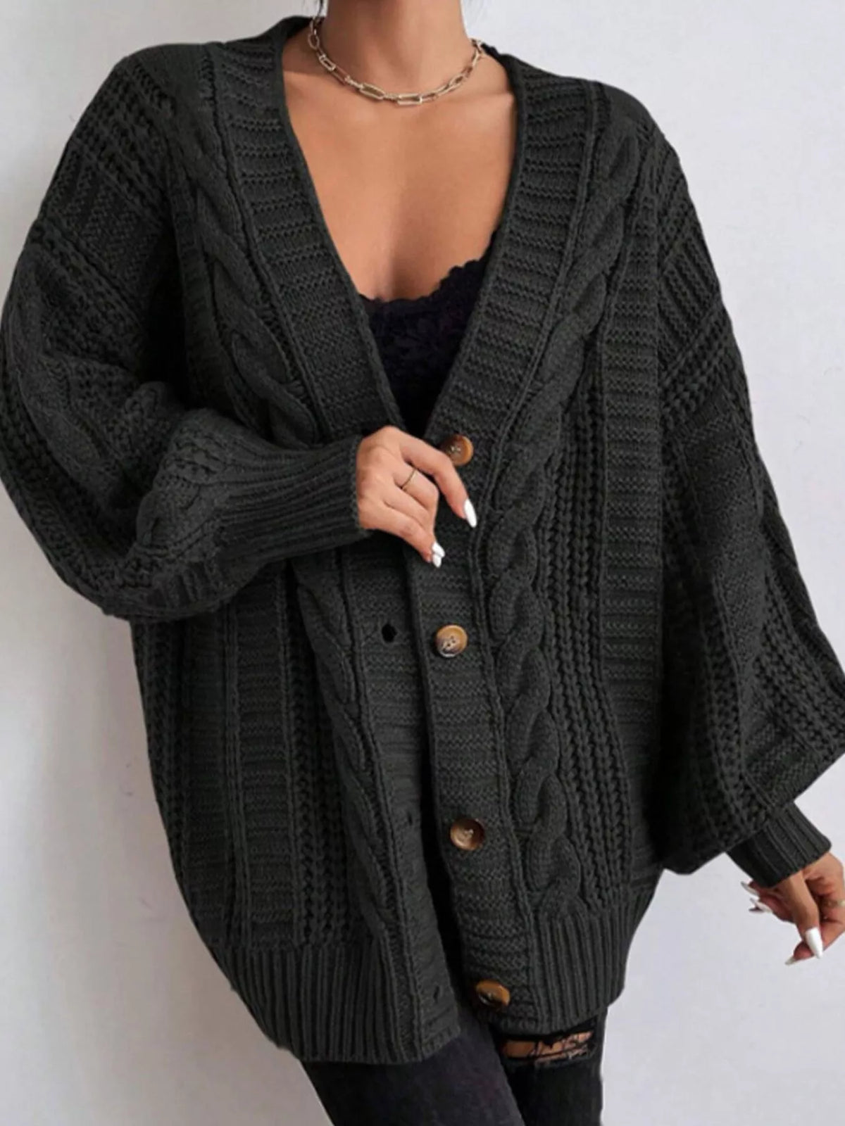 Cable Knit V-Neck Button-Down Cardigan - Lilixa.store