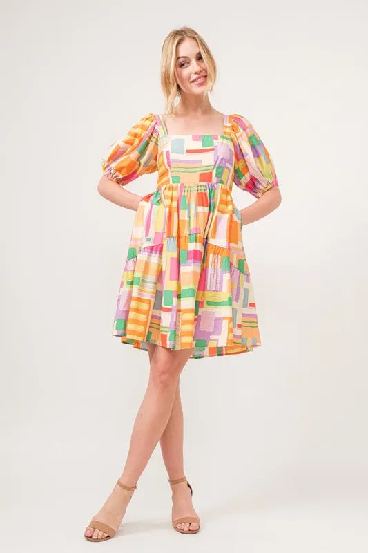 And The Why Square Neck Puff Sleeve Geo Printed Mini Dress - Lilixa.store