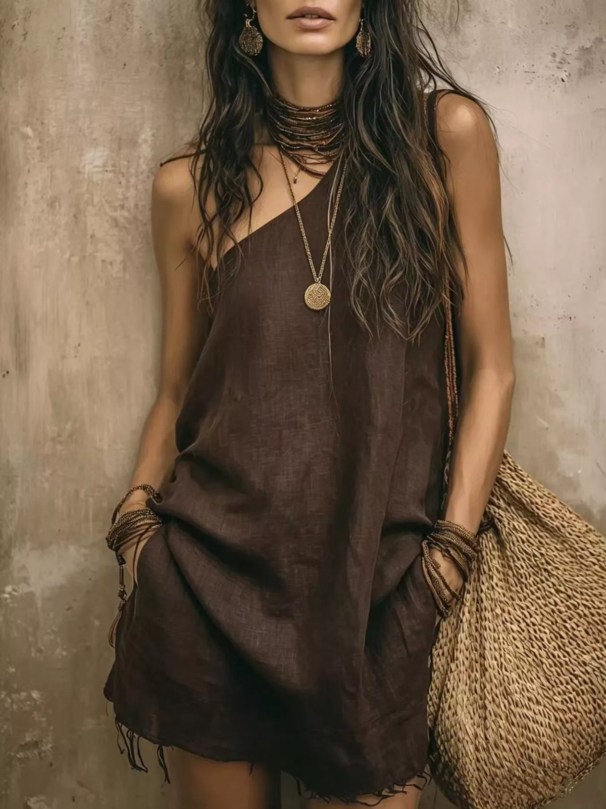 One-Shoulder Mini Dress with Frayed Hem - Lilixa.store