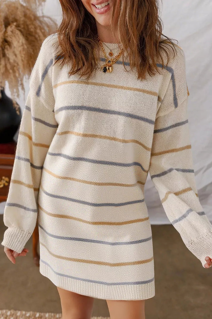 Striped Dropped Shoulder Oversized Sweater Dress in Beige