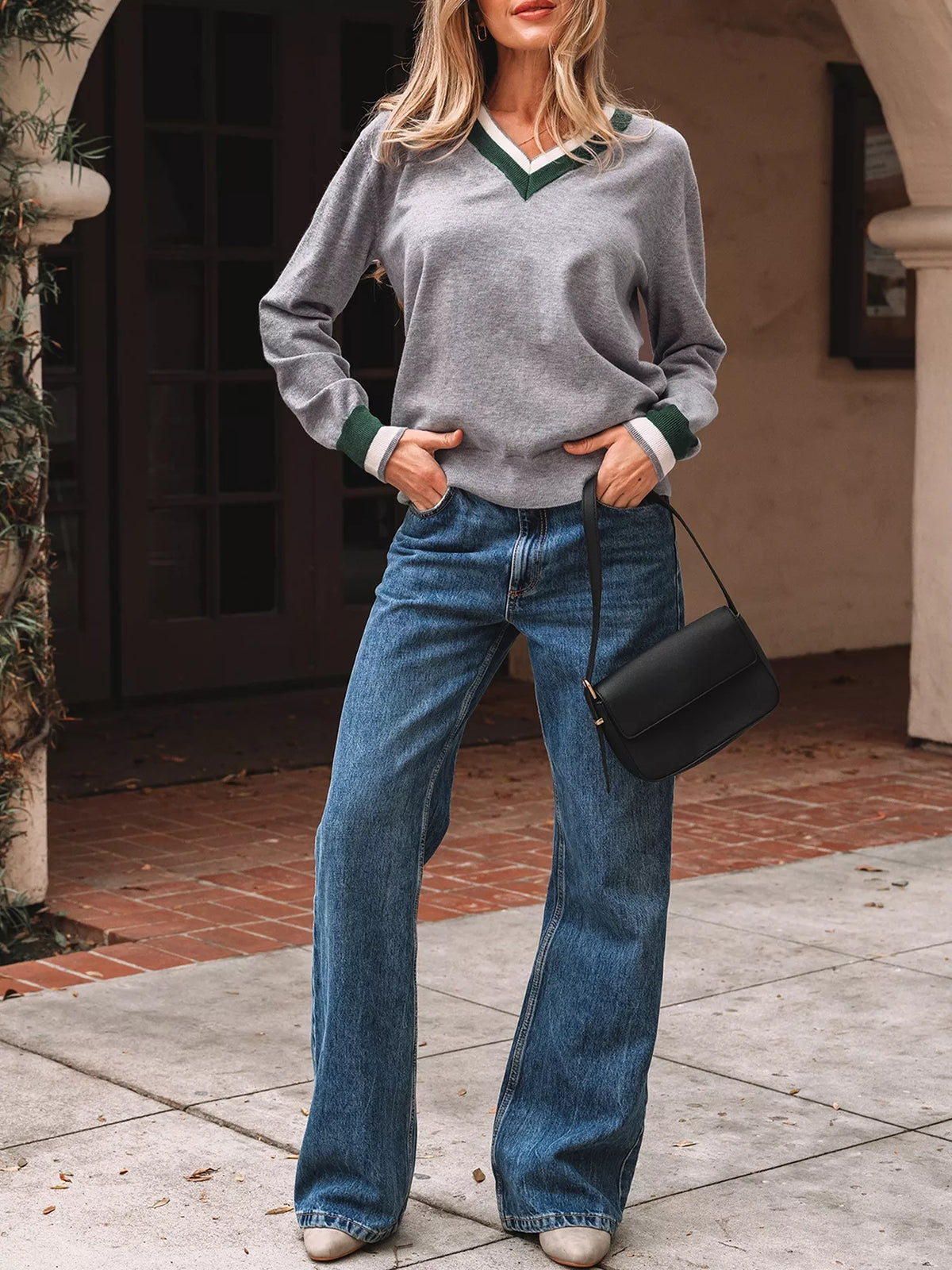V-Neck Striped Trim Long Sleeve Sweater in Gray, view 2