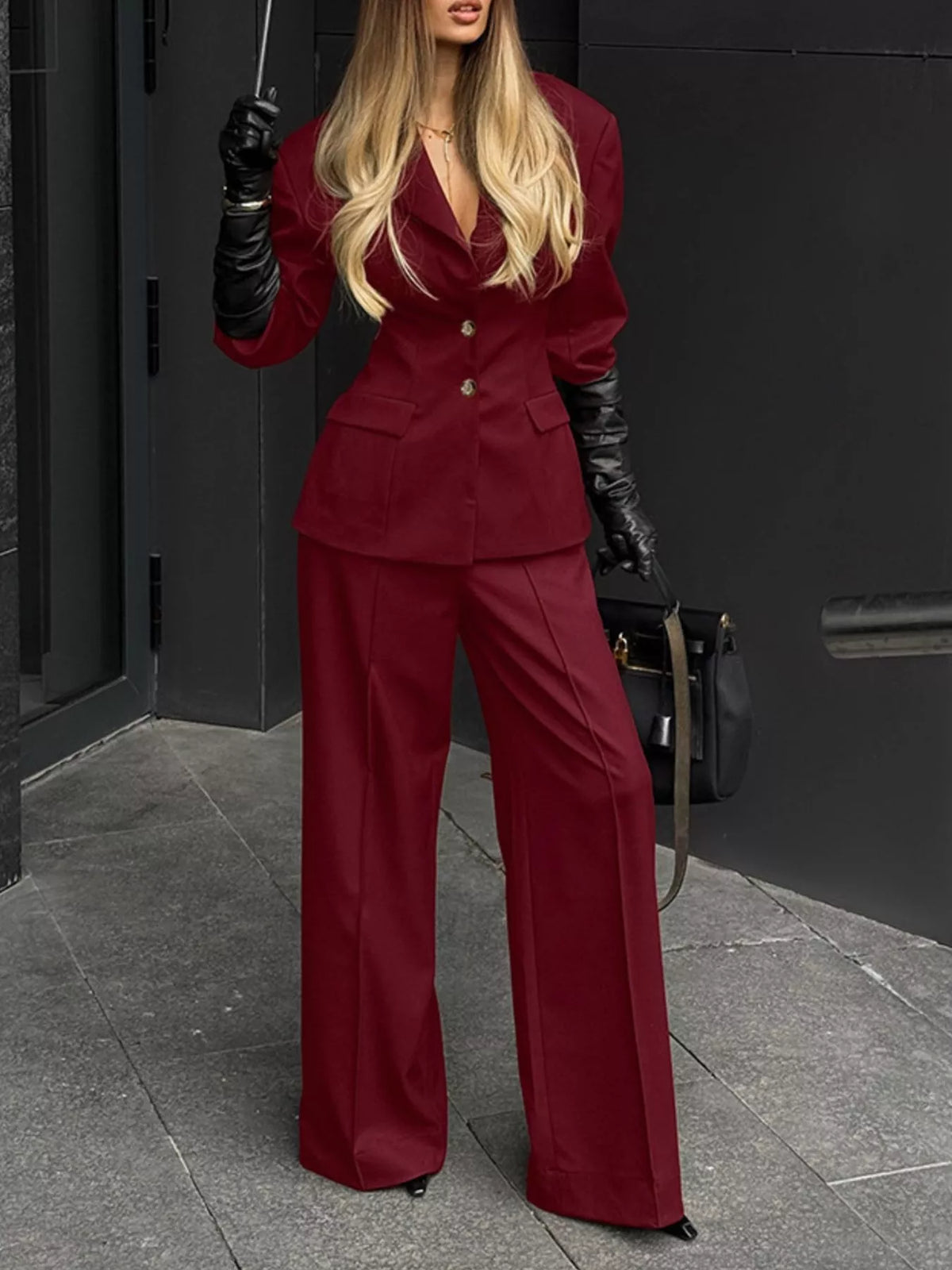 Lapel Collar Blazer and Wide-Leg Pants Set in Wine Red, view 3