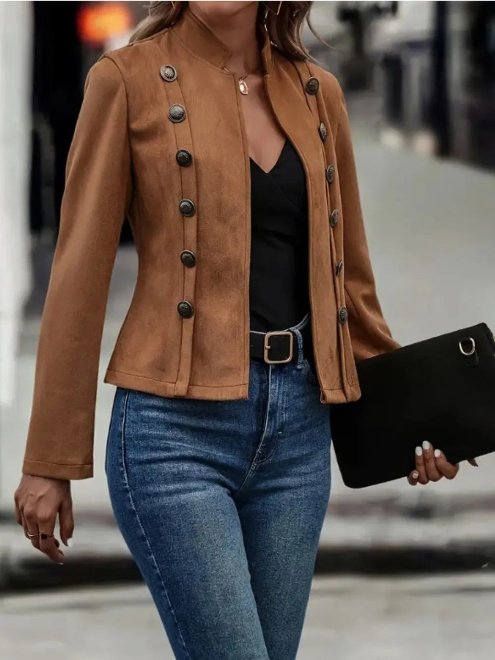Decorative Button Open Front Long Sleeve Jacket, view 3