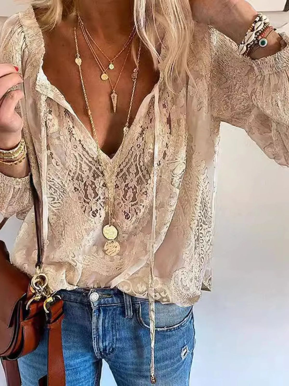 Lace Tie-Neck Blouse - Lilixa.store