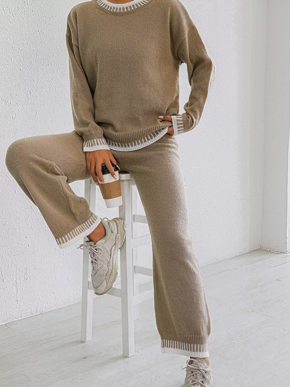 Contrast Trim Crew Neck Sweater and Pants Set