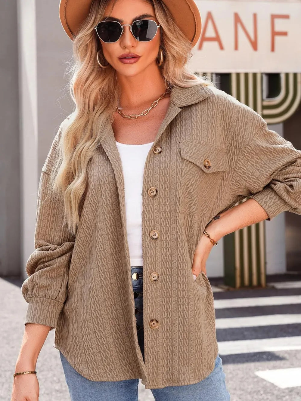 Textured Button Up Long Sleeve Shacket in Camel