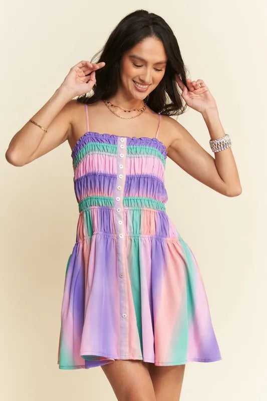 Davi & Dani Multi Color Ombre Printed Bodice Button Up Dress - Lilixa.store