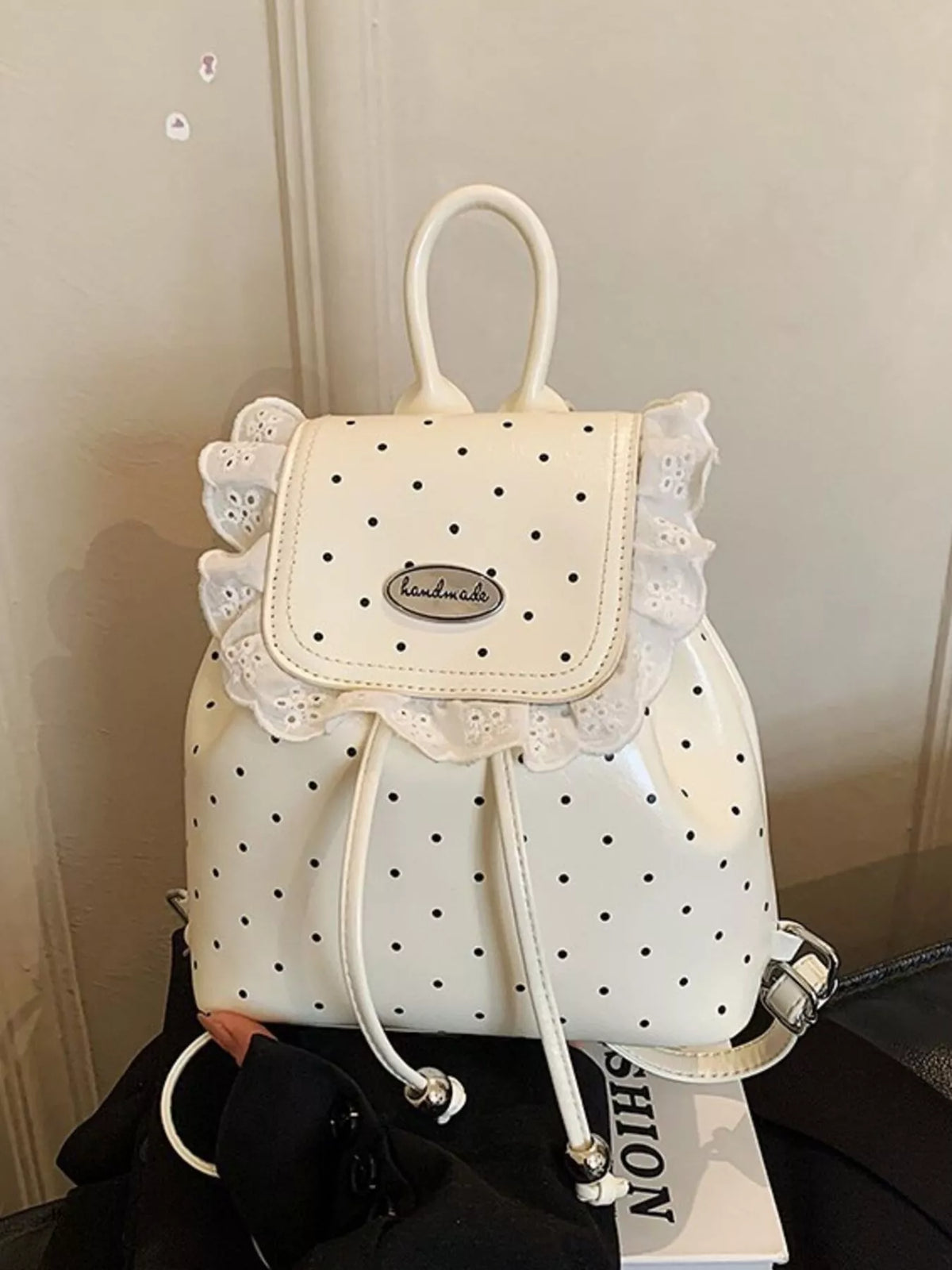 Polka Dot Lace Trim Backpack Bag - Lilixa.store