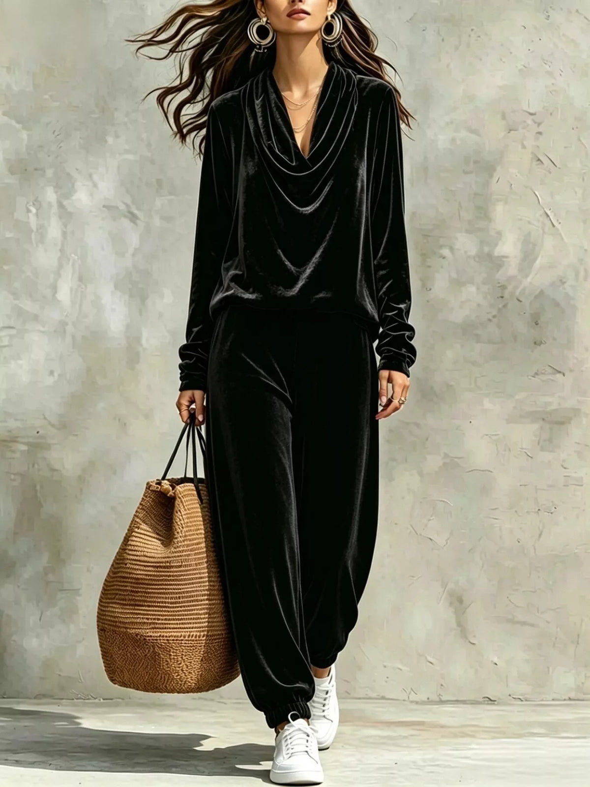 Full Size Velvet Cowl Neck Top and Pants Set Plus Size in Black