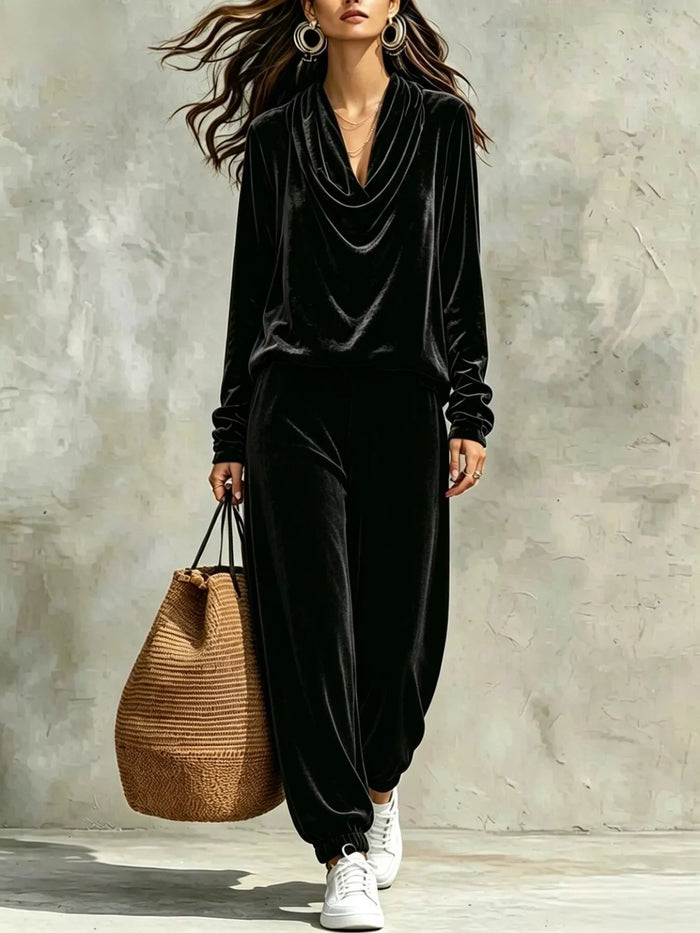Full Size Velvet Cowl Neck Top and Pants Set Plus Size in Black