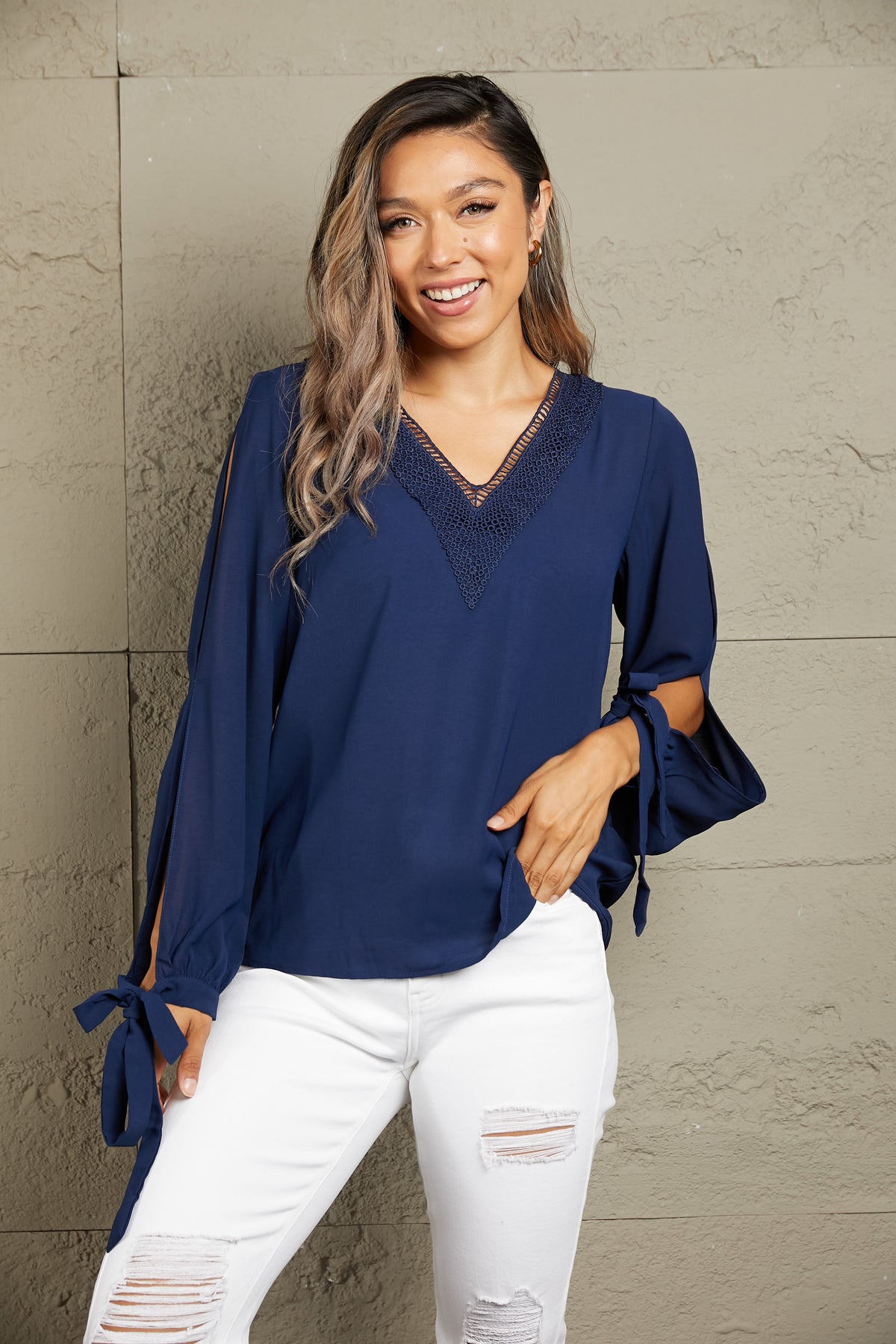 Perfee V-Neck Tie Cuff Slit Blouse in Dark Blue